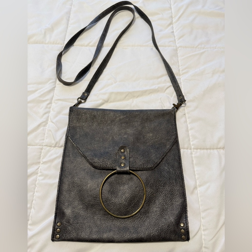 RETRO Crossbody LEATHER Bag with Gold Ring. 8 x 8.5”